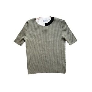 Akris punto Short Sleeve Virgin Wool Rib Sweater TShirt Green And White Size  12